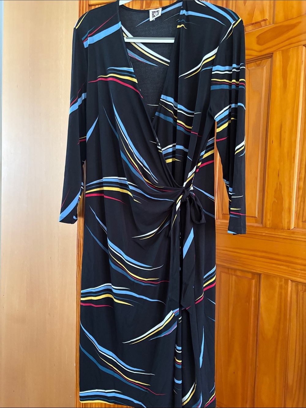 Anne Klein Black Wrap Dress with Blue, Yellow & Red Stripes